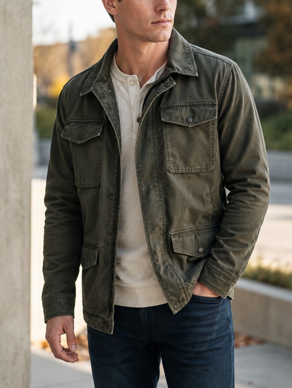 Roots Men’s Olive Green Cotton Blend Military Field Utility Jacket Cargo